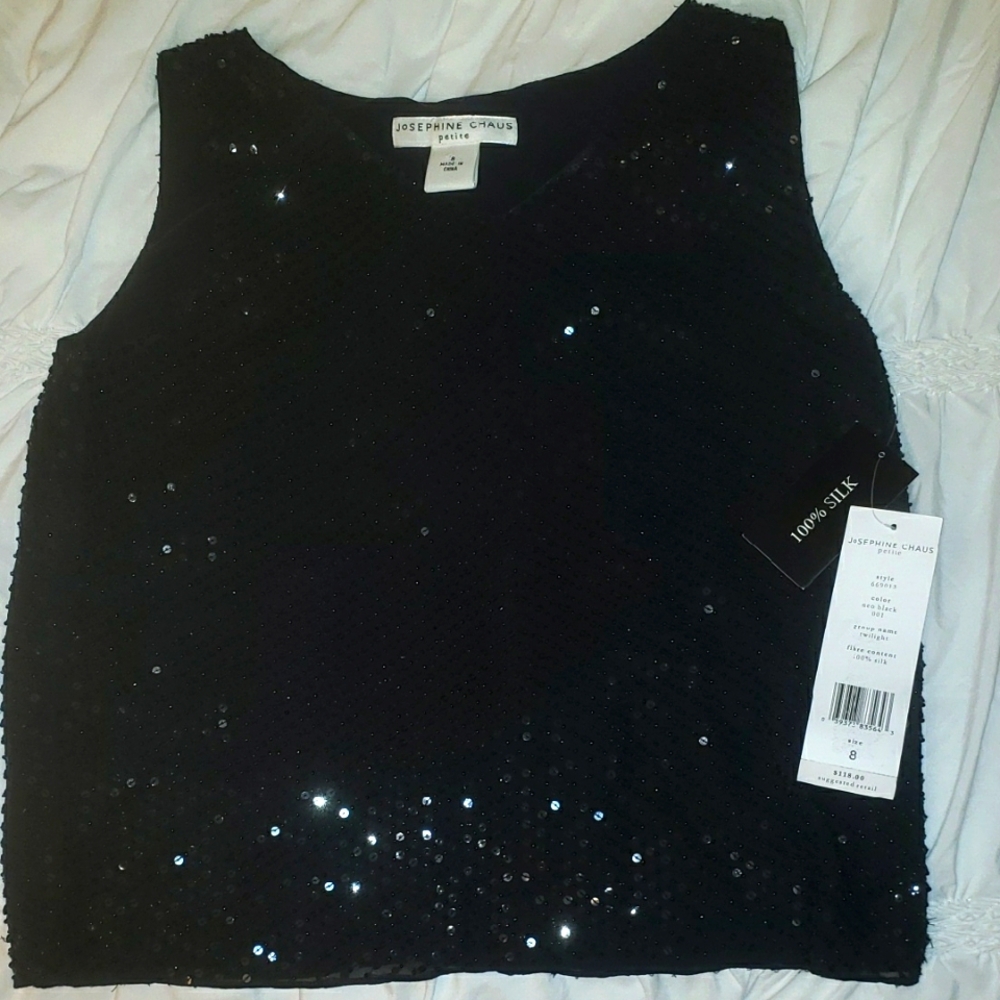 NWT Vintage Josephine Chaus Silk Black Sequin Tank Top